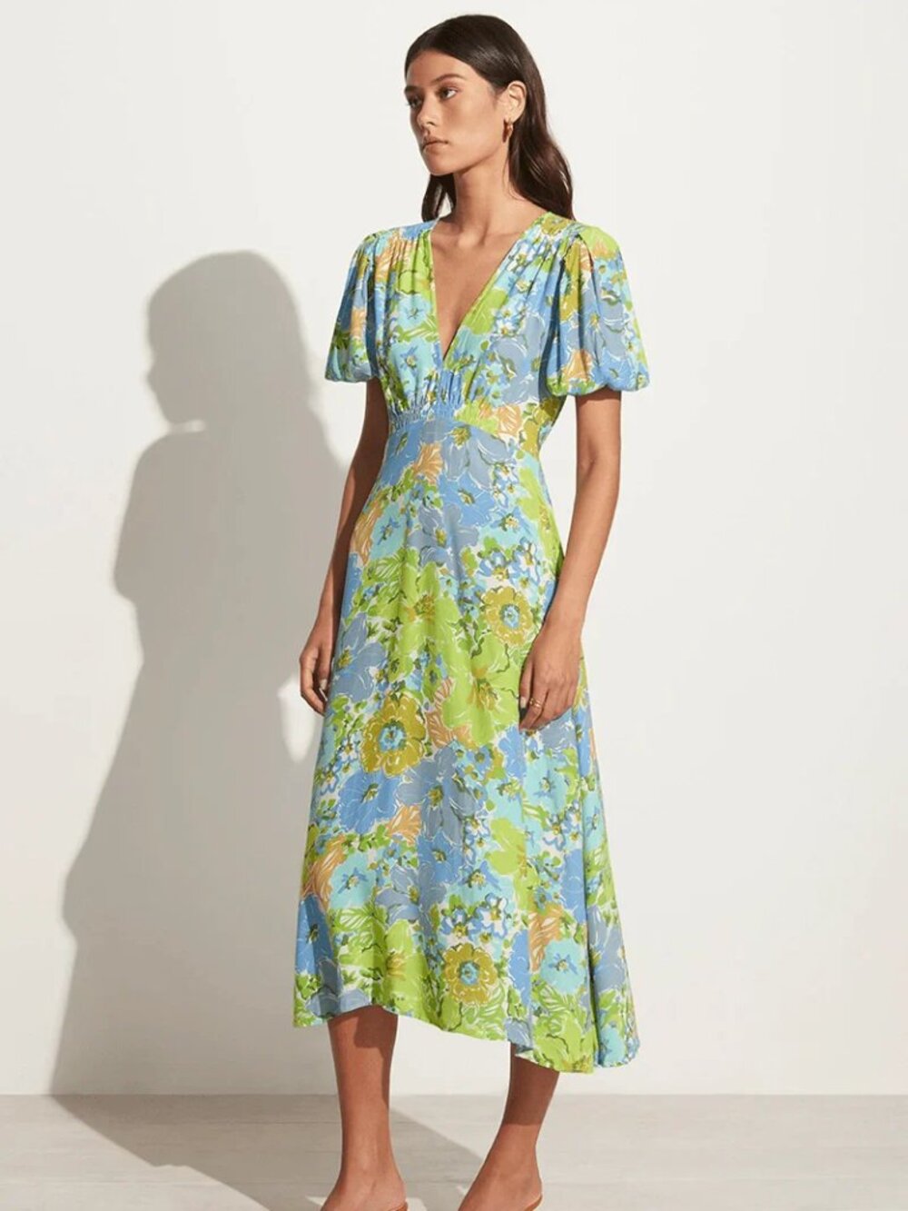 FAITHFULL THE BRAND Vittoria San Benedetto Crepe Puff Sleeve Midi Dress, Size 2